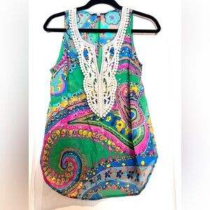 Trina Turk Colorful Paisley Sleeveless Top Silk Cotton Size M Boho Resortwear